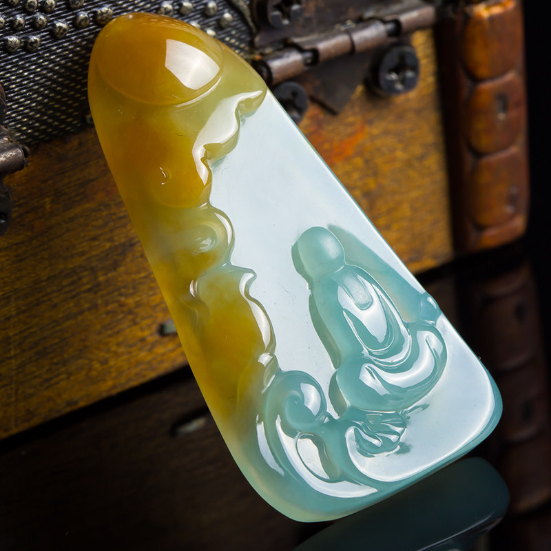 老坑缅甸翡翠a货冰糯飘黄翡悟道吊坠31.7421g