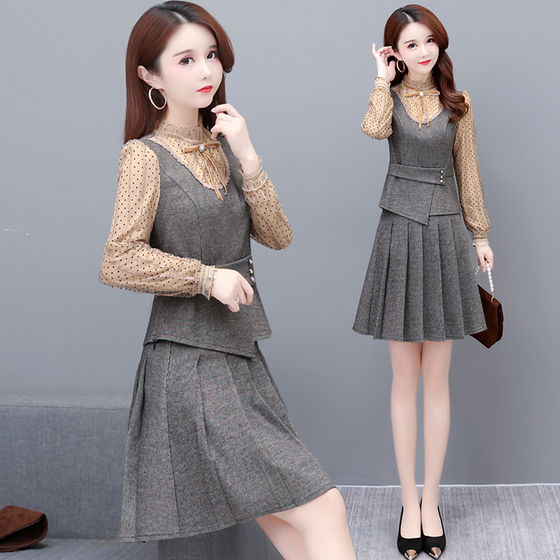 时尚碎花长袖两件套连衣裙2022春季新款气质显瘦小个子套装裙子