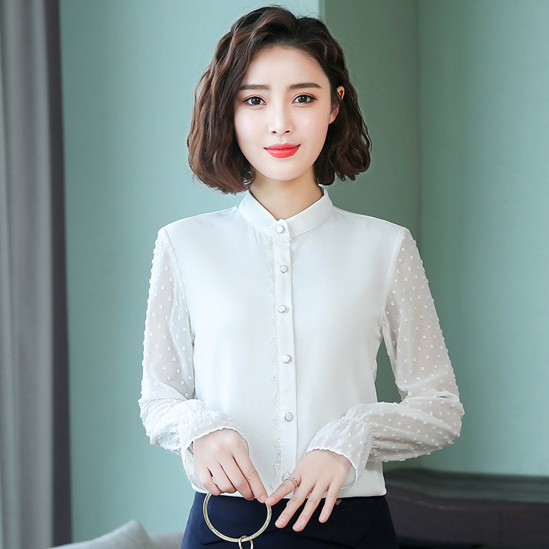 2019春季新款衬衫女长袖韩版百搭立领白衬衣雪纺职业上衣小衫显瘦