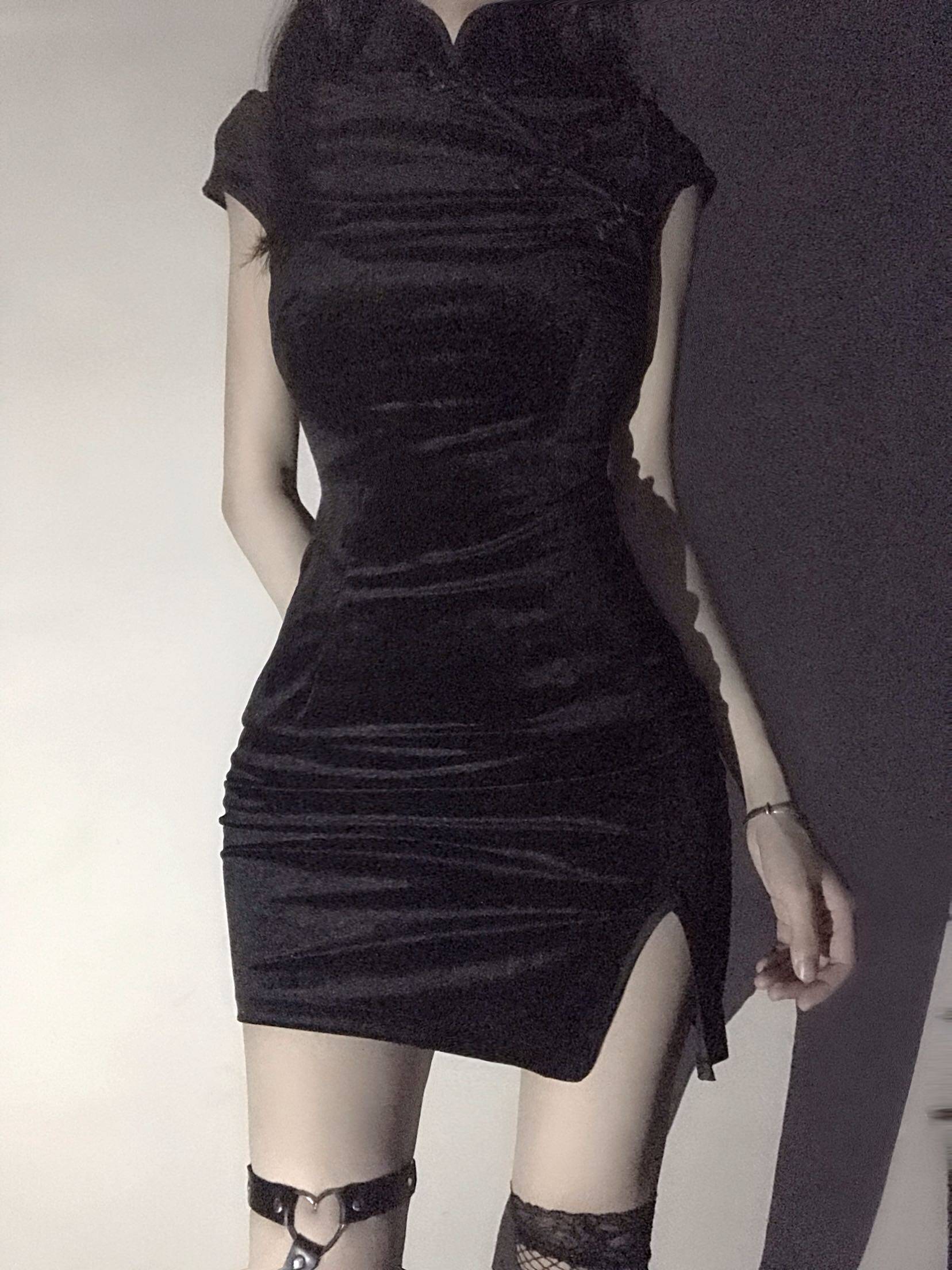 黑色复古旗袍短款情趣黑色诱惑连衣裙紧身礼服开叉短裙包臀