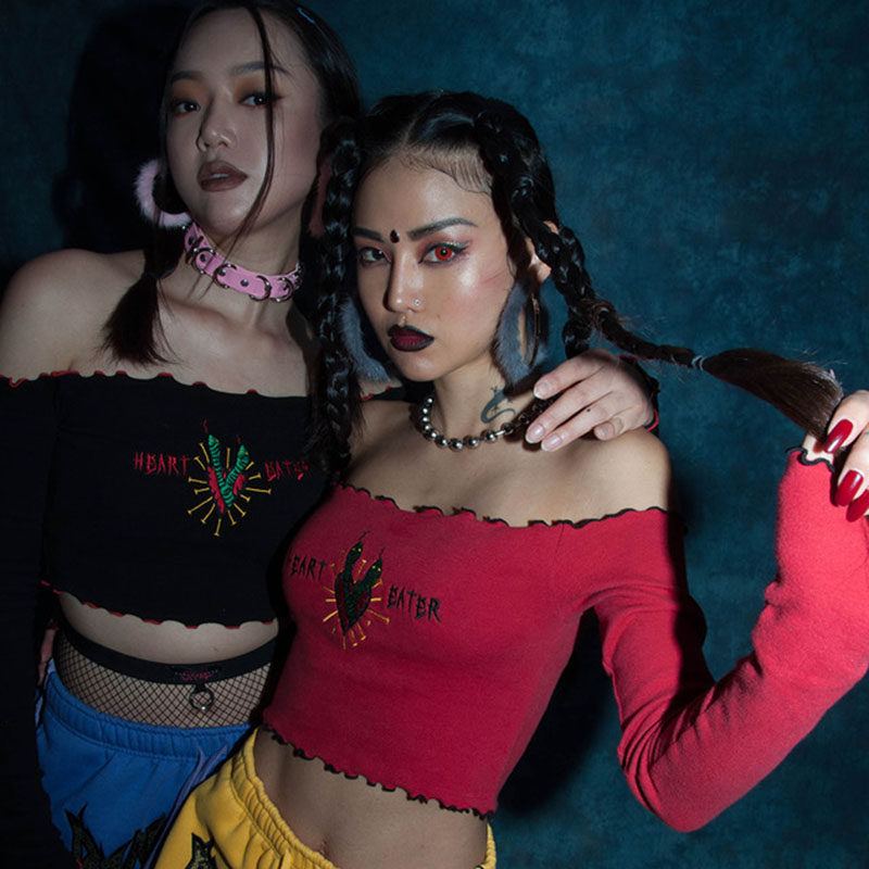 欧美ins博主melovemealot同款原宿爱心刺绣一字肩长袖t恤上衣女