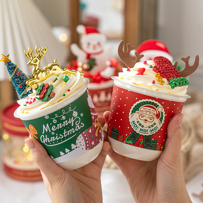 圣诞节胖胖杯烘焙包装网红啵啵杯冰淇淋杯子红色发财暴富杯套杯托