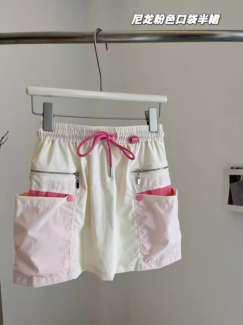 2024年夏季新款设计感韩版时髦高腰弹力尼龙粉色口袋短裙裙裤女潮