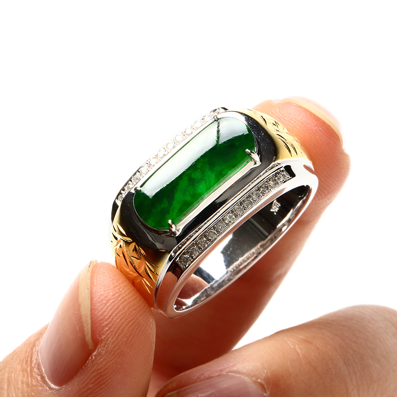 18k金豪镶冰种水润霸气满绿翡翠男戒9.77g 戒圈:24mm
