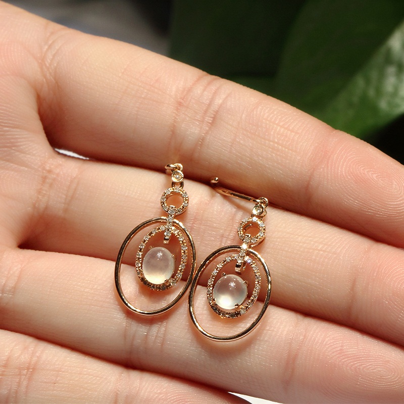 18k金伴钻石豪华镶嵌老坑冰种翡翠耳钉3.83g