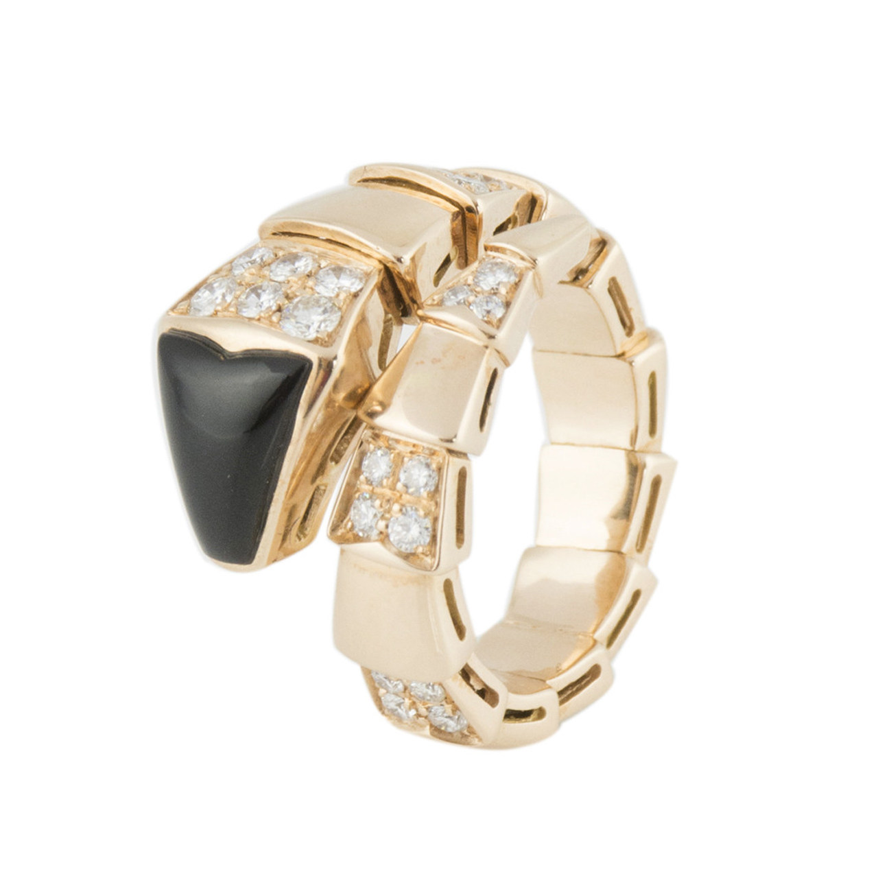 [9.8新]宝格丽bvlgari中性18k玫瑰金半密钻黑玛瑙蛇头戒s号bd022