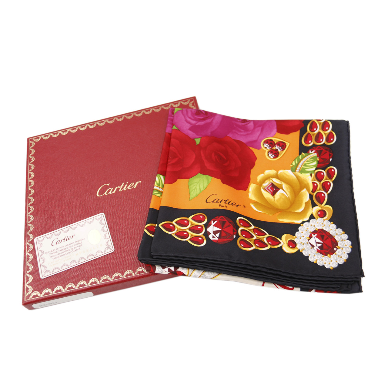 [即拍即得][9.9新]卡地亚cartier女士丝巾黑边大花图案大方巾