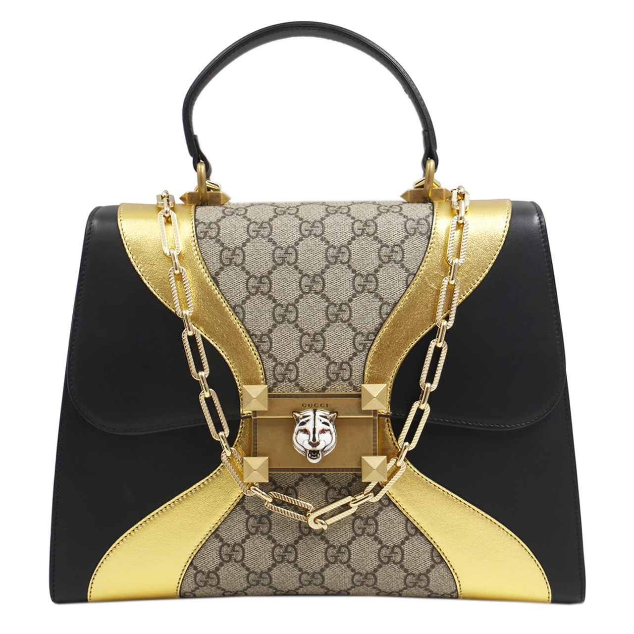 [9.5新]古驰gucci女士手提包ggpvc拼牛皮珐琅虎头金属扣中号手袋