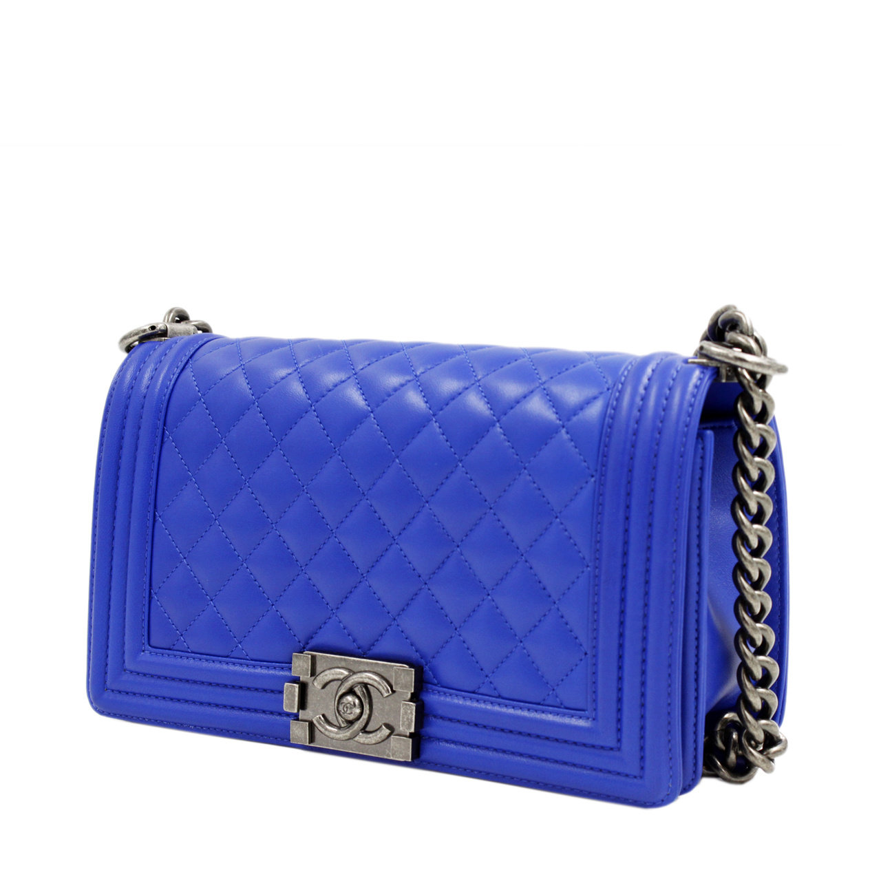 [99新] chanel 香奈儿 限量leboy菱格蓝色真皮手提单肩斜跨包