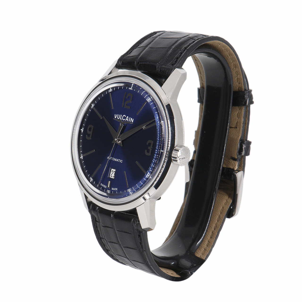 [9.5新]窝路坚vulcain男士自动机械手表蓝色表盘鳄鱼皮纹表带腕表