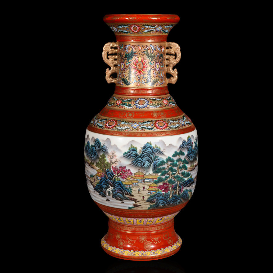 61*30仿清枣红地描金粉彩山水瓷母