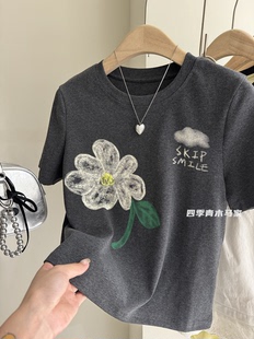 超好看的涂鸦大花朵云朵印花T 韩国夏天新款休闲显瘦正肩短袖T恤
