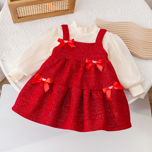 女童冬装加绒连衣裙洋气女宝宝新年红色丝绒蝴蝶结背心裙子两件套
