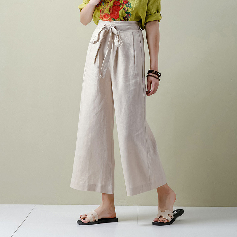 亚麻条纹阔腿裤女夏装2018新款ol职业裤高腰宽松棉麻显瘦九分裤子