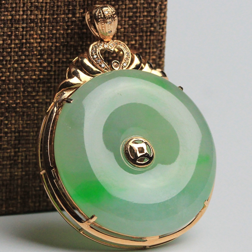 缅甸天然a货翡翠18k金伴钻镶冰糯种平安扣吊坠 8.67g