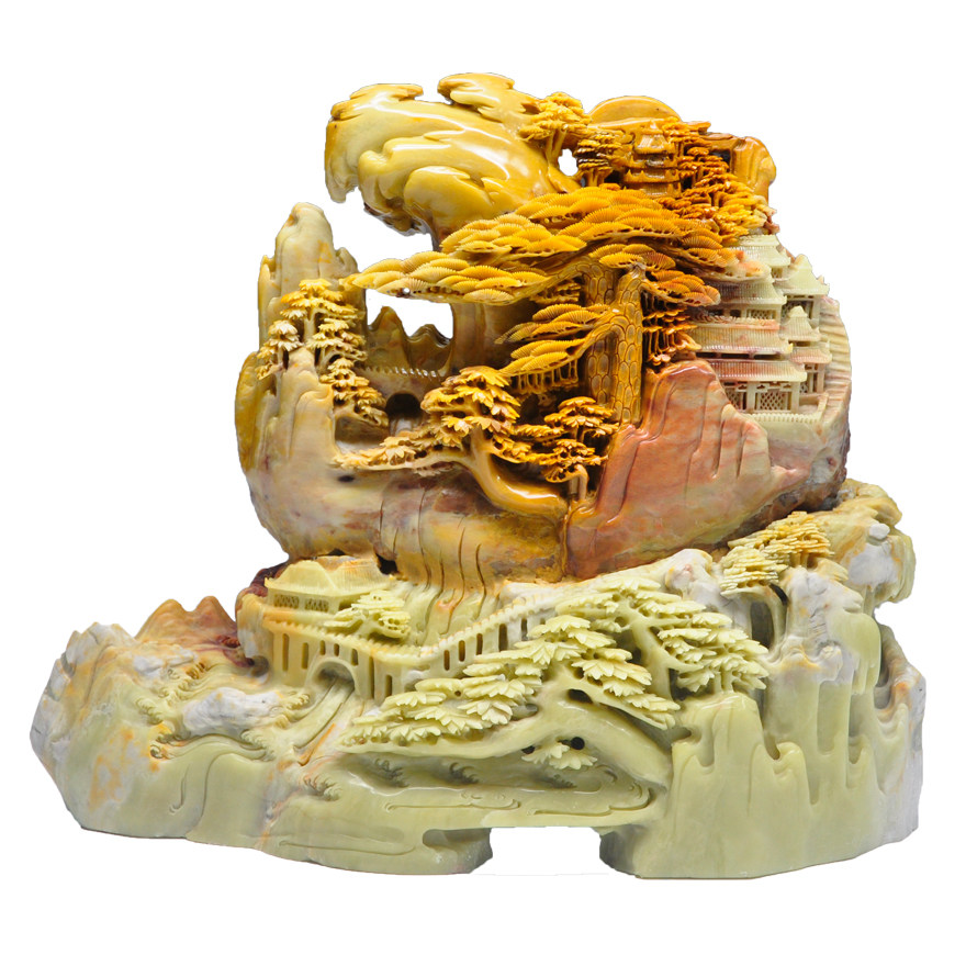 青田石雕摆件山水《迎客松》精品收藏