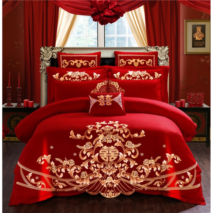 婚庆刺绣四件套结婚大红床单床上用品喜被婚嫁婚床新婚新房红色