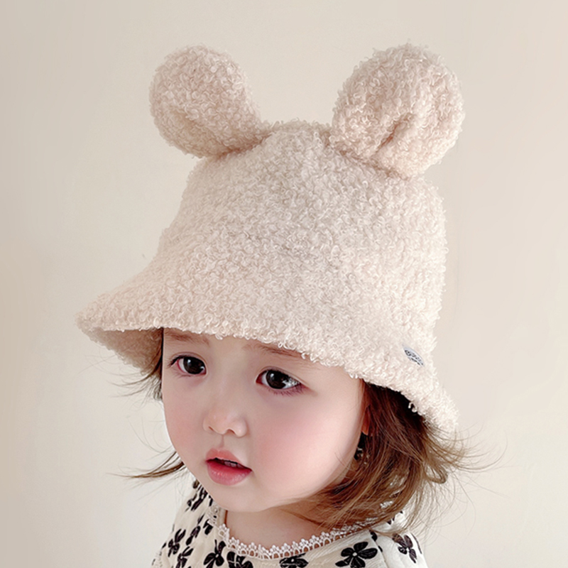 儿童渔夫帽秋冬婴幼儿帽子盆帽羊羔绒加厚保暖可爱超萌绒绒帽防风