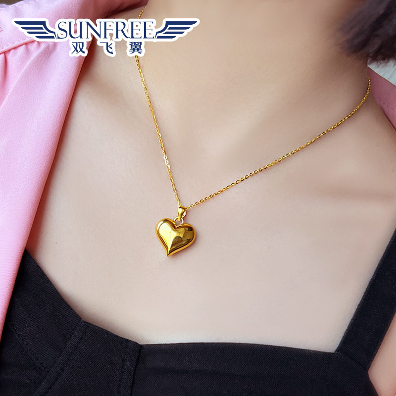 黄金足金999亮面可爱精致桃心心形5g无氢女士项链吊坠礼物情侣