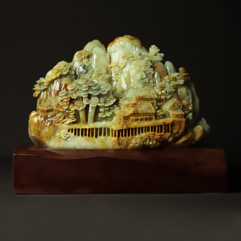 尚品美格 天然岫玉花玉摆件 精品原石雕刻山水人家礼品摆件 ba720