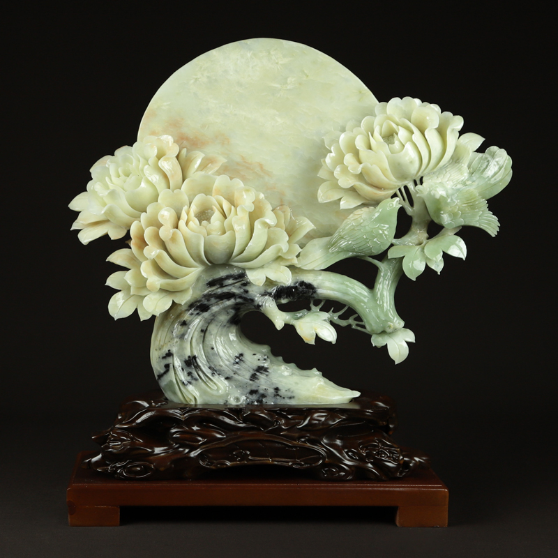 天然玉石岫玉摆件精品原石巧雕牡丹花摆件国色天香ba133