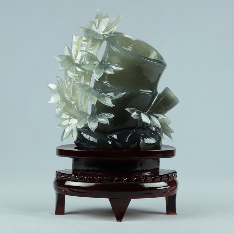 尚品美格天然玉石岫玉摆件火石青料精雕玉竹笔筒摆件节节高ba774
