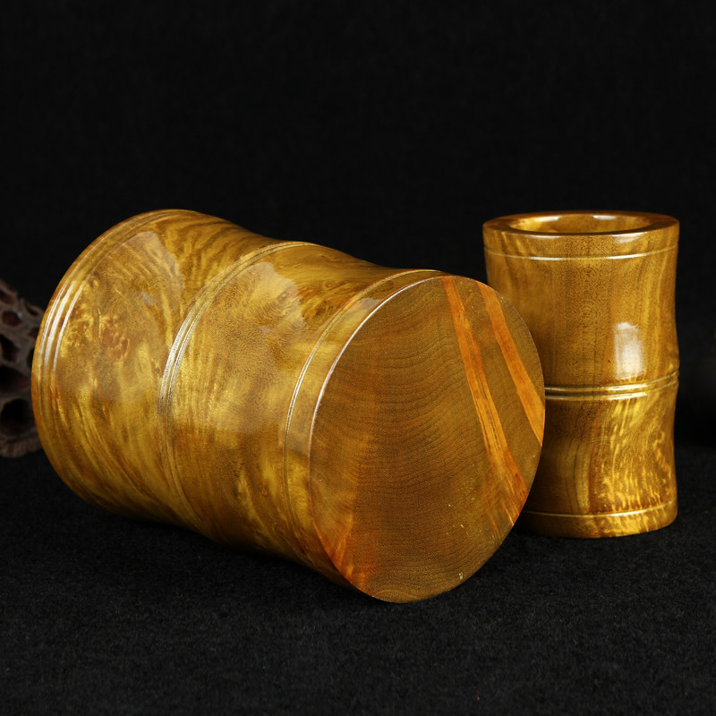 【满瘤疤水波纹 】黄金樟竹节笔筒两件套 手工打磨 花纹绚丽