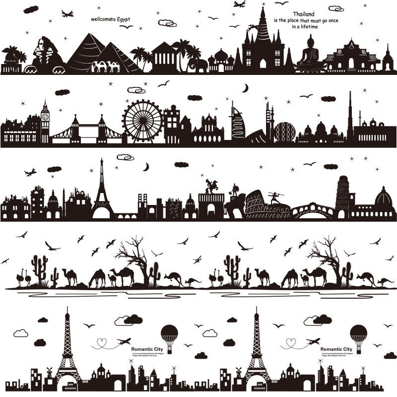 墙贴纸贴画黑白剪影建筑踢脚线墙角线腰线贴墙纸自粘宿舍装饰创意