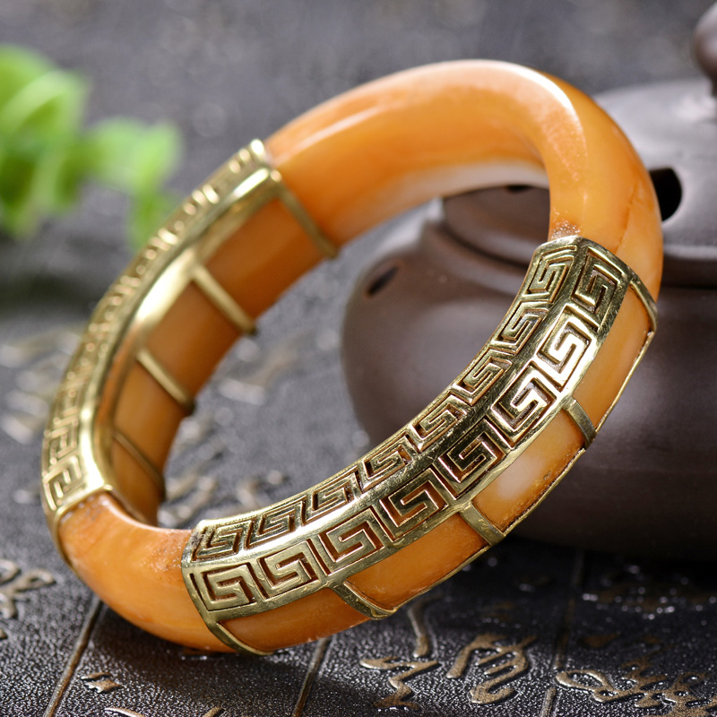 特色金包玉手镯 60mm 老熟细润【奢华尊贵】和田玉黄沁手镯 85克