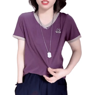 夏季时尚V领拼色时髦t恤女短袖正肩小衫设计感小众减龄显瘦上衣潮