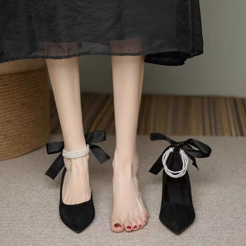 2024春秋季新款小香风珍珠单鞋女中跟气质法式黑色高跟鞋女粗跟鞋