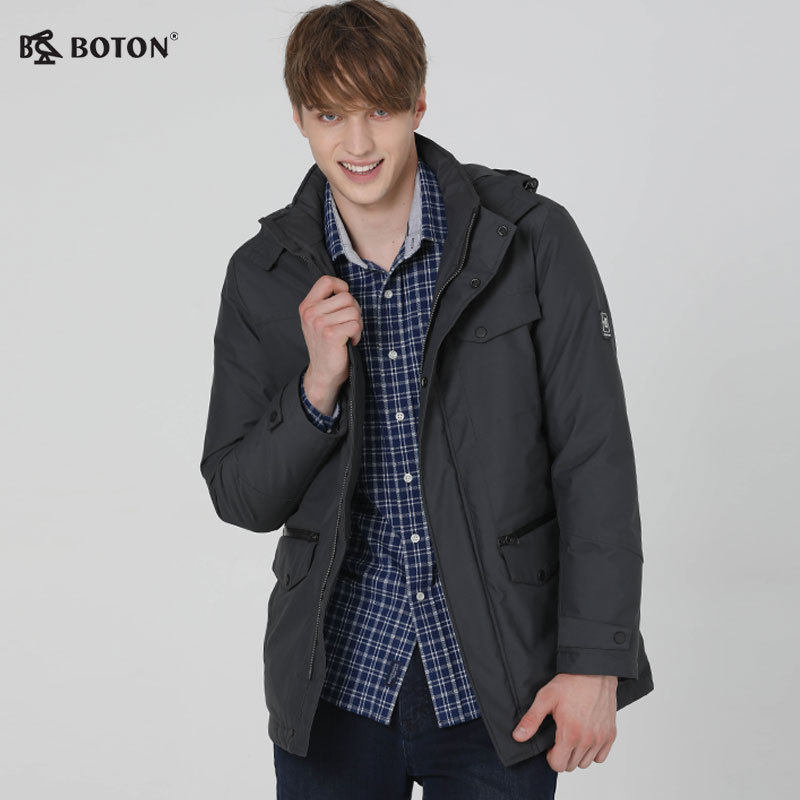 波顿2021新款男士黑色白鸭绒羽绒服中长款棉服中老年爸爸外套