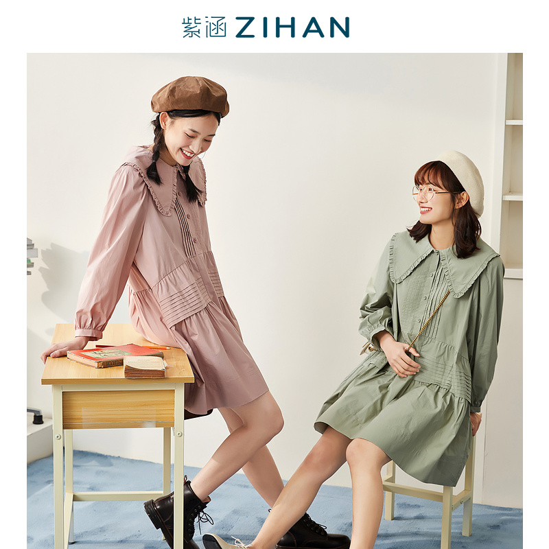 yommi的校园生活紫涵春秋季森系女长袖衬衫式连衣裙宽松含新疆棉