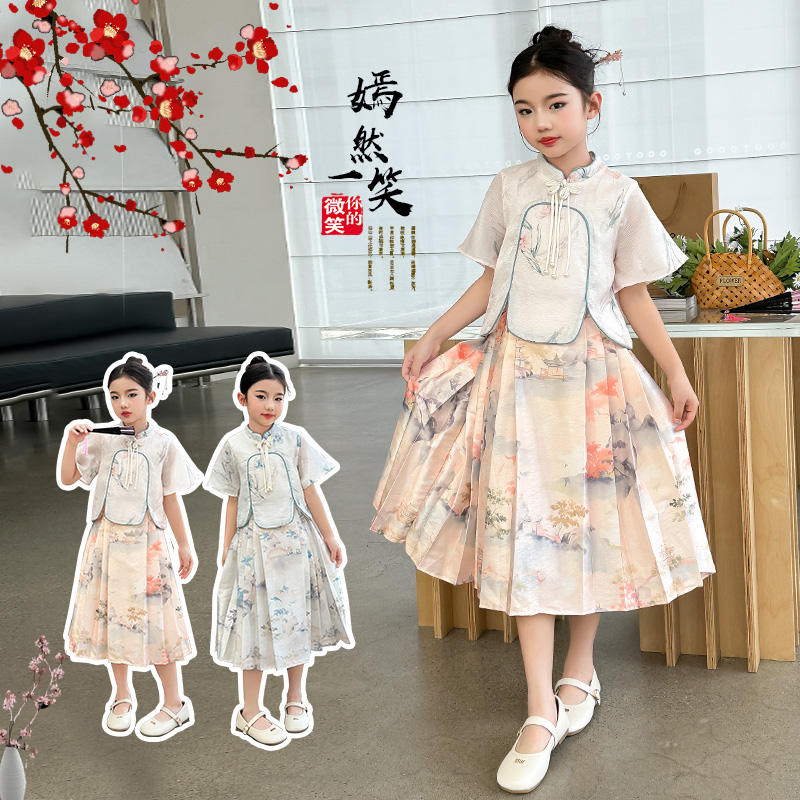 女童裙子套装2024夏季新款古风马面裙连件套小女孩中国风连衣裙