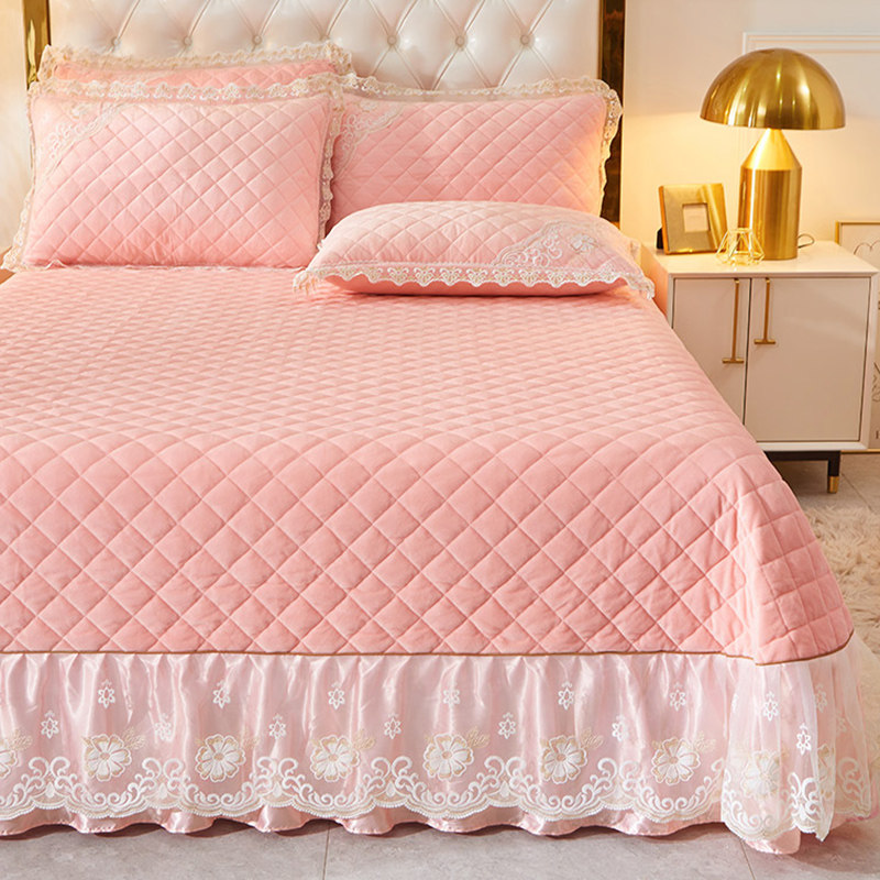公主风加厚牛奶绒床盖冬季榻榻米三件套水晶珊瑚绒夹棉床单件炕盖