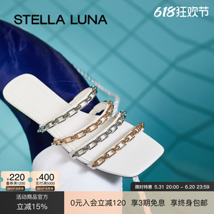 STELLA LUNA女鞋春夏新款拖鞋方头真皮链条时尚黑白色外穿凉鞋拖