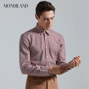 麦迪莱登纯棉小方格子衬衫男长袖商务休闲红白相间细格纹衬衣