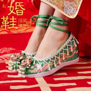 绿色汉服鞋女古风新娘婚鞋内增高中式古装红色秀禾鞋绣花鞋女结婚