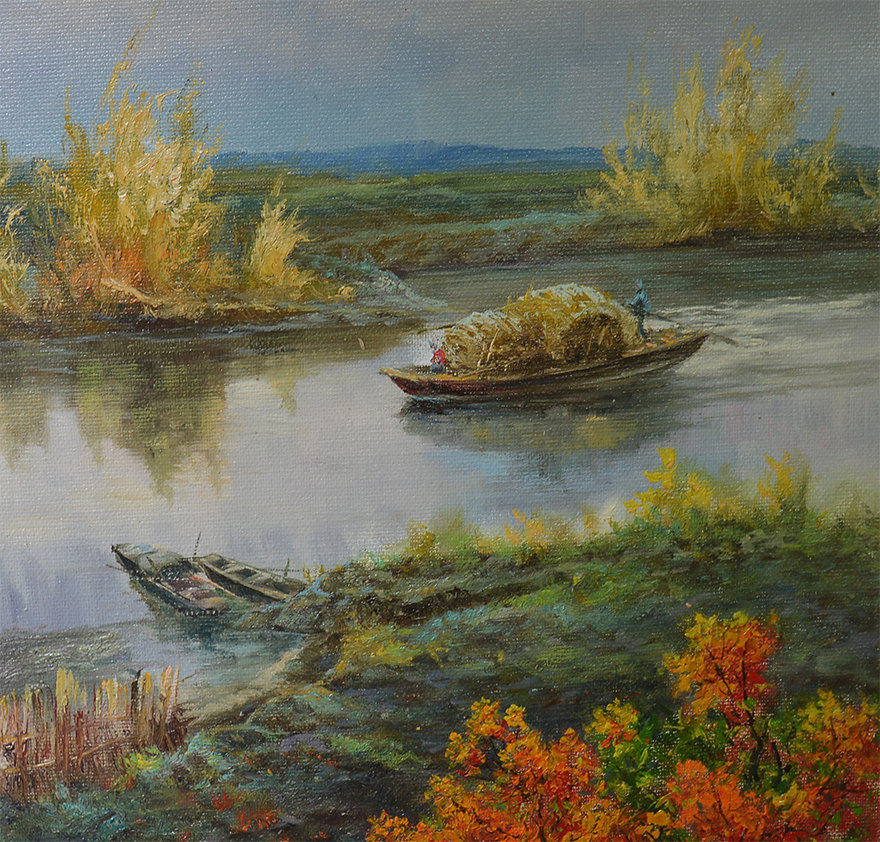 张明辉 《轻舟荡河》 100*100知名油画家