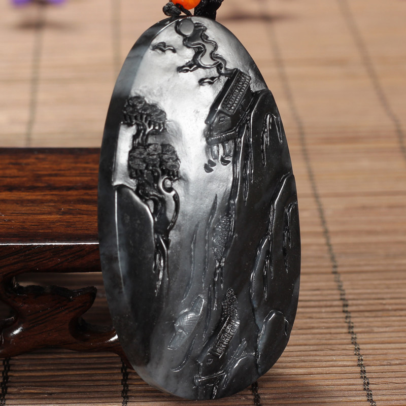 和田玉墨玉 风景山水牌 重56.085克带绳【缘遇奇玉】