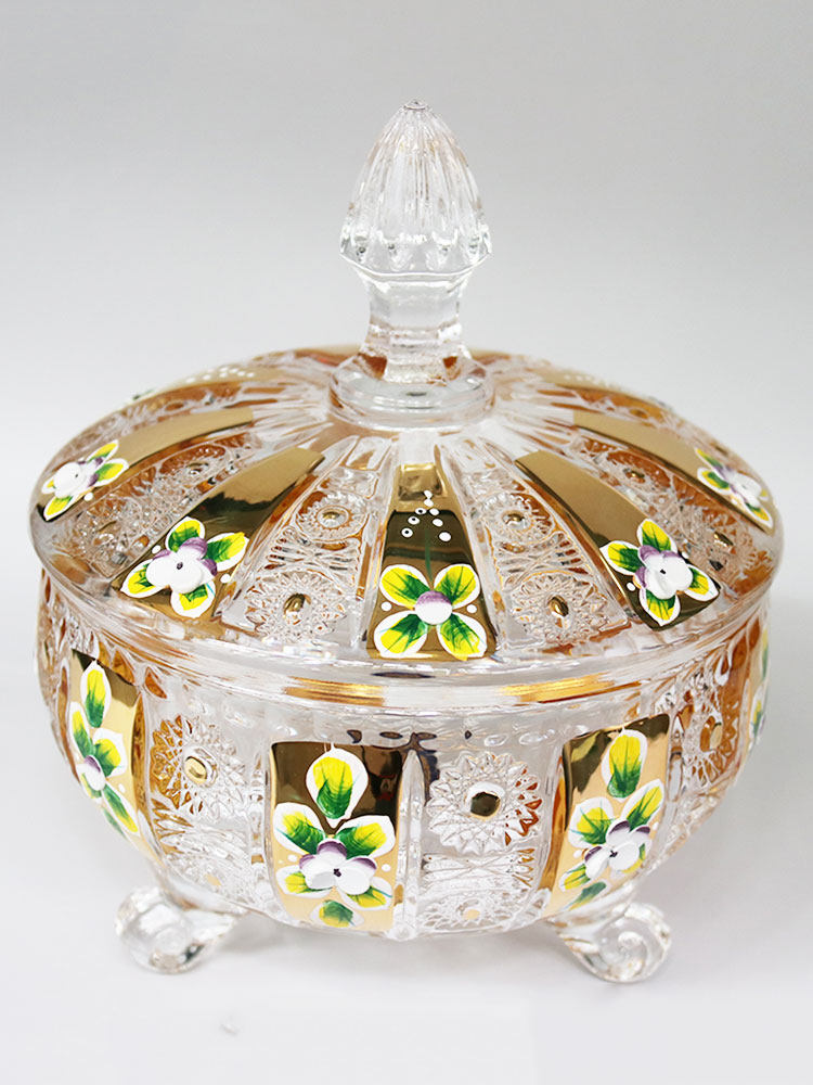 捷克珐琅镀金工艺水晶玻璃带盖糖果盒欧式糖缸零食水果盘客厅摆件