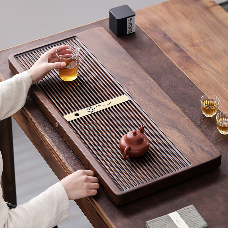 领艺胡桃木茶盘整块实木简约办公家用茶台直排电木槽功夫茶托盘