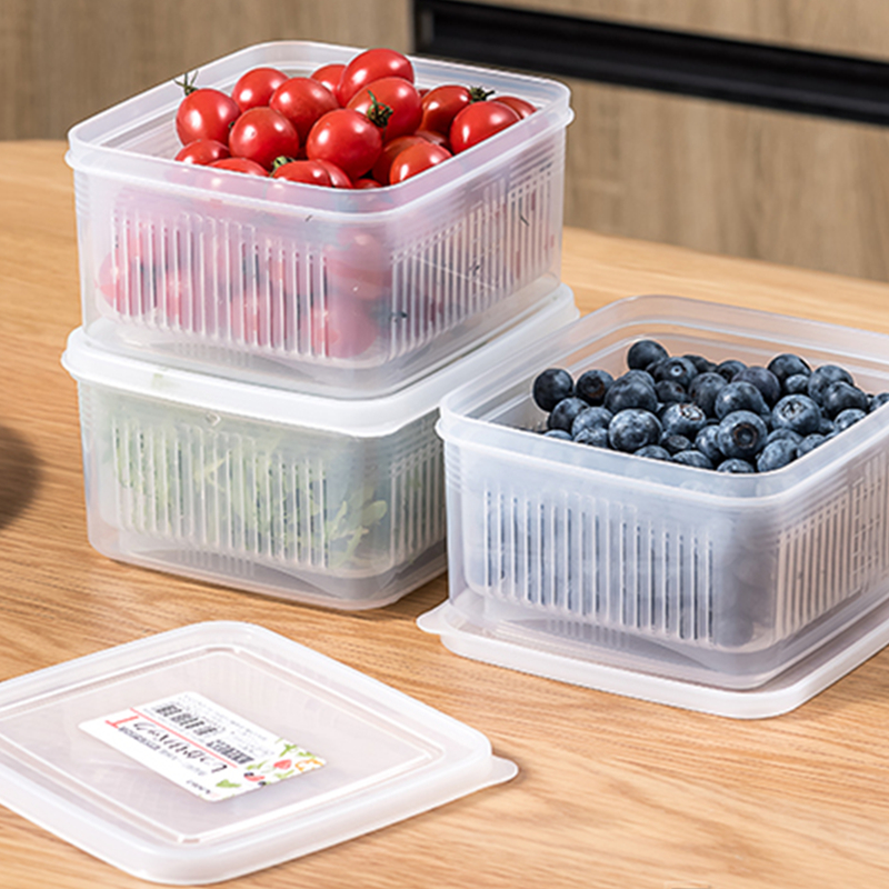 日本进口沥水保鲜盒冰箱食物收纳盒便携外带水果便当盒果蔬清洗盒