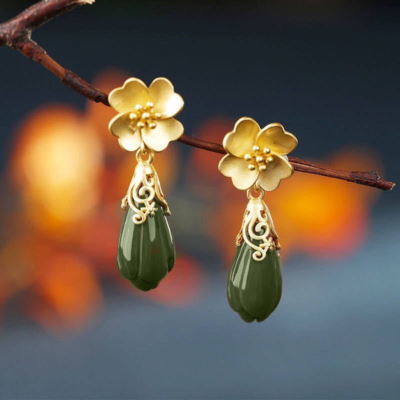天然和田玉碧玉玉兰花耳环s925纯银花朵花瓣碧玉复古大气饰品女款