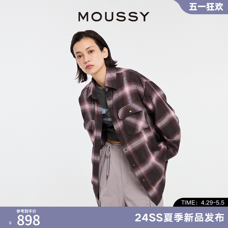 赵昭仪同款MOUSSY 2024美式格纹LOGO衬衫028HS430-0110