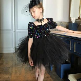 儿童彩色亮片黑色网纱短袖礼服高端钢琴演出服装女童公主宝宝裙子