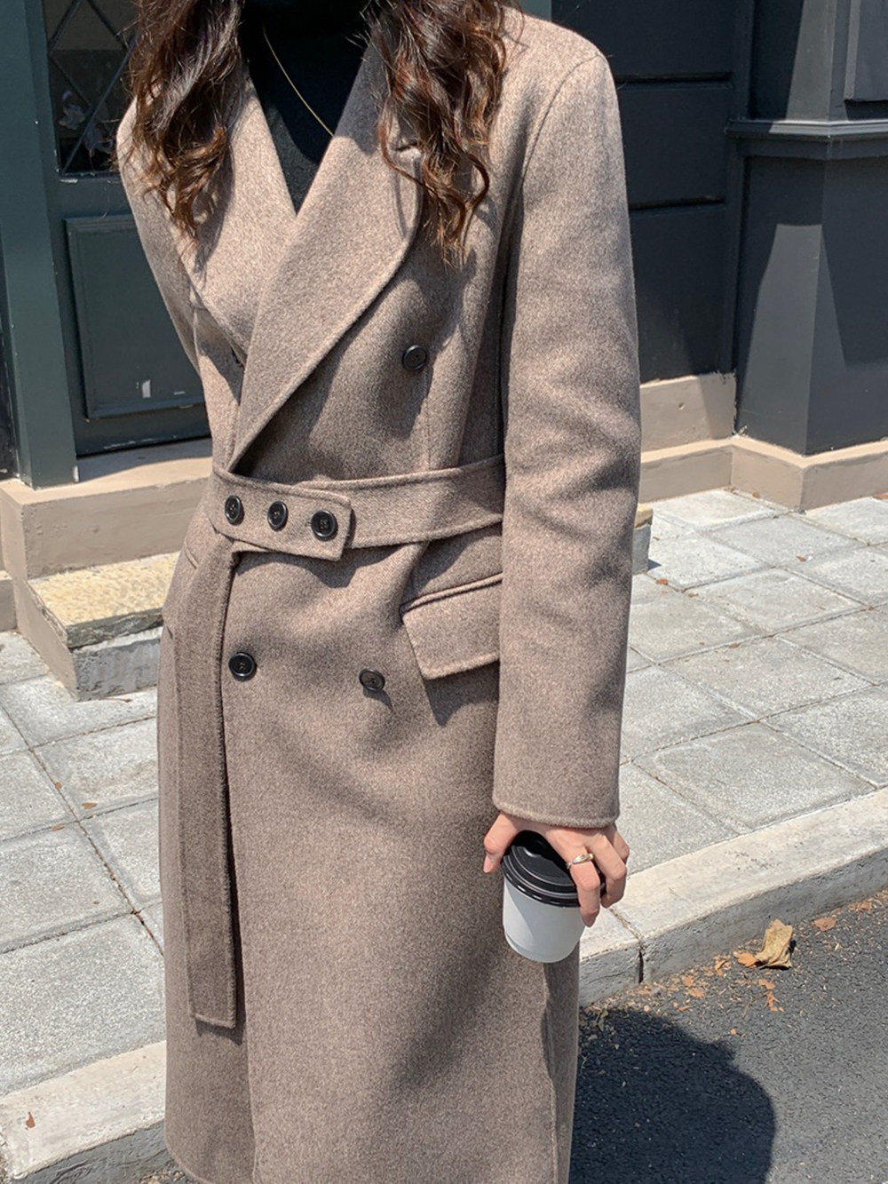 22年秋冬设计感人字纹双面呢羊绒大衣女气质通勤系腰带羊毛外套厚