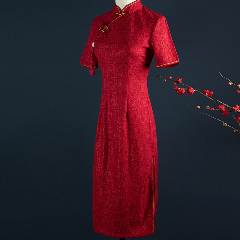 红色蕾丝喜婆婆旗袍敬酒服中式连衣裙妈妈装夏季新款中长款美人藕