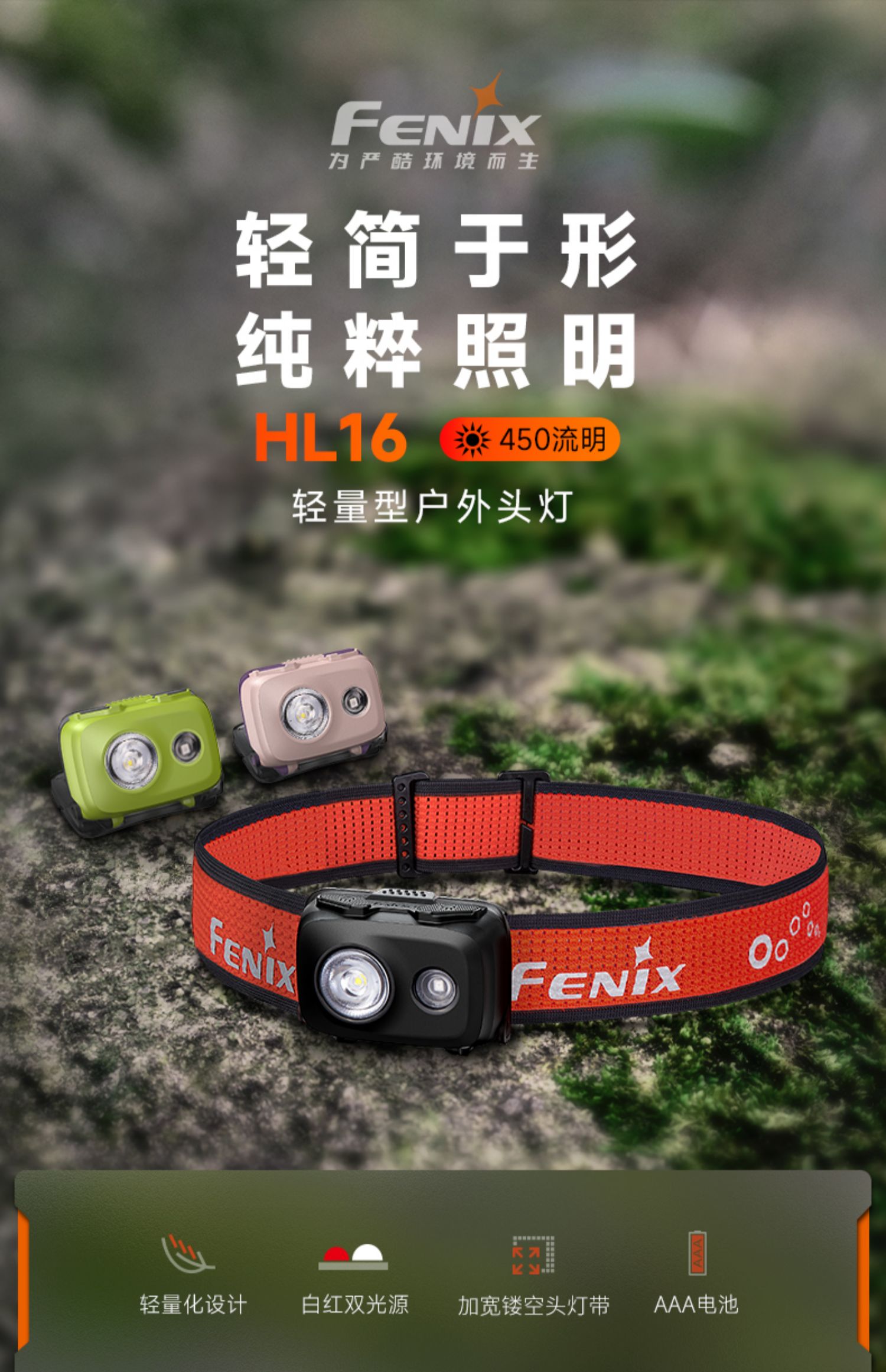 Fenix菲尼克斯HL16头戴式强光AAA电池便携轻量型夜跑露营户外头灯