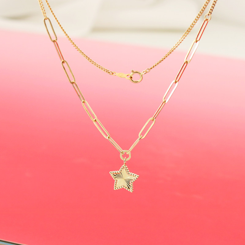 韩国纯14k金黄金项链闪耀车花五角星k纯金五角星方格链项链女